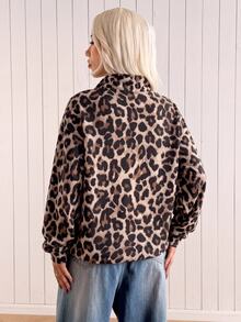 SHEIN EZwear 秋季新款復古做舊老錢風豹紋圖案寬鬆灰色半拉鍊高領薄款衛衣套頭衫，秋季上衣，適合日常通勤、聚會、秋冬/夏季、聖誕節、新年、感恩節、派對、婚禮、海灘、畢業典禮、優雅、外出、約會、通勤、情人節、優雅、度假 - 棕色 - 查看 2