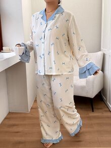 Napfluff CURVE Napfluff CURVE Colorblock Striped Bow Print Pajama Set, Sweet Ruffle Trim Plus Size Loungewear - Beige - View 6