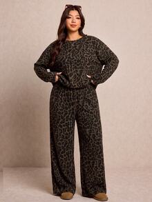Elaquor Plus Size Women's Casual Loungewear - Black Winter Comfortable Set, Leopard Print Top And Pants, Suitable For Spring And Autumn Wear - Multicolor - View 5