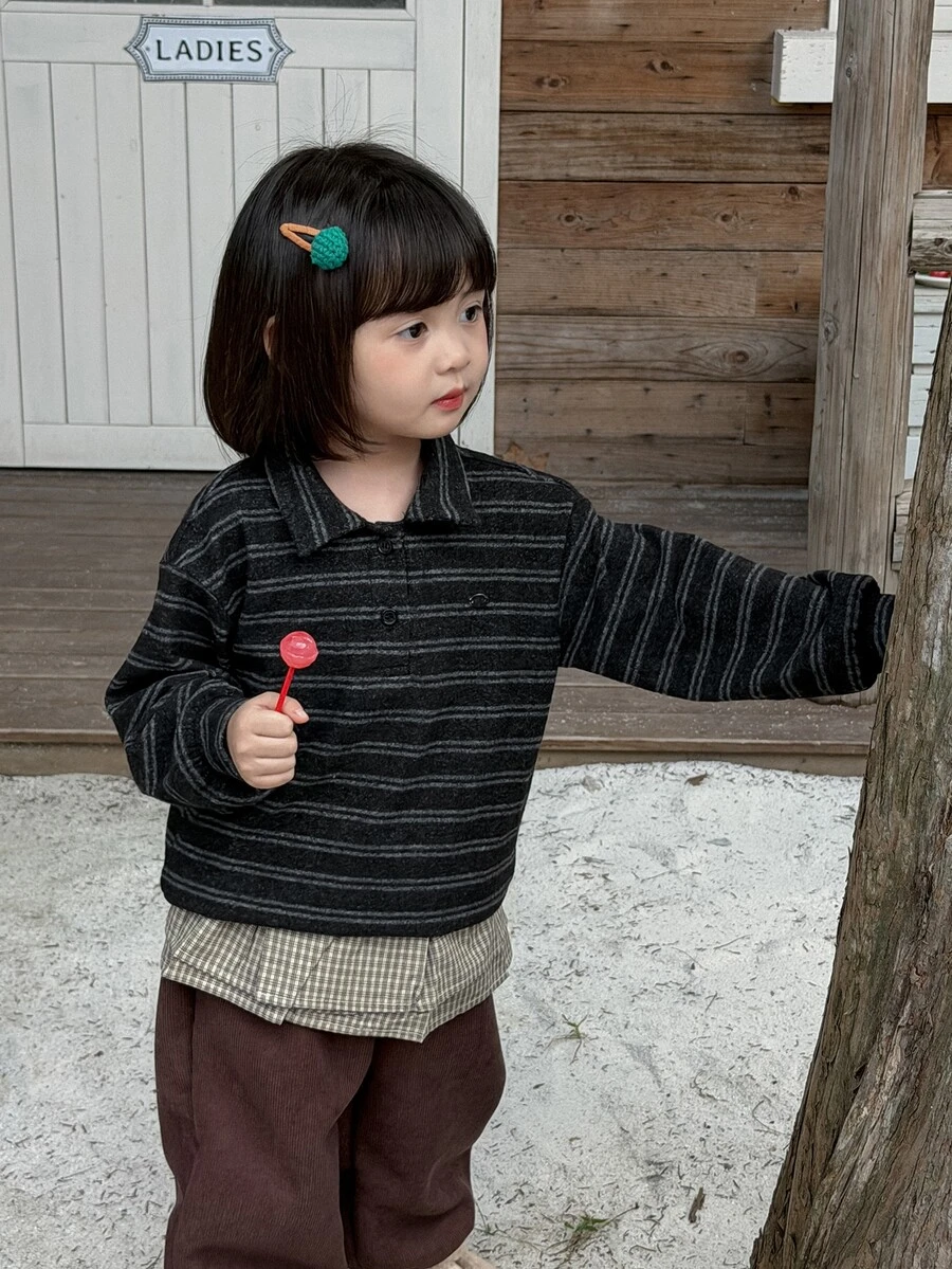Dazy Kids Infant/Toddler (Girl) Collared Striped Long Sleeve Sweatshirt - Grey - View 1