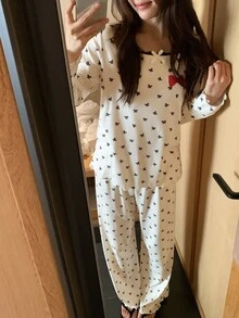 DAZY Women's Bowknot Decor Long Sleeve Top And Long Pants Pajama Set - Beige - View 5