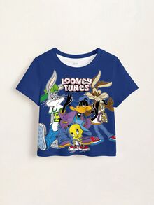 LOONEY TUNES X SHEIN 男嬰字母卡通印花休閒日常短袖上衣 - 白色 - 查看 7
