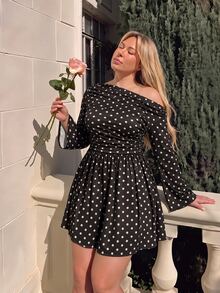 SHEIN MOD 大尺碼女款波點印花不對稱領喇叭袖迷你洋裝，秋冬黑色優雅派對洋裝 - 彩色 - 查看 3