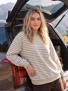 WanderVale Women's Outdoor Sports Casual Striped Print Fabric Patchwork Ribbed Khaki Crew Neck Pullover Long Sleeve T-Shirt, Suitable For Outdoor Sports Wear - Khaki - View 6
