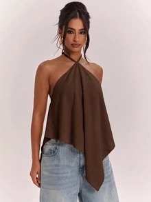 SHEIN BAE 性感不對稱下擺掛脖綁帶背心 - 棕色 - 查看 6