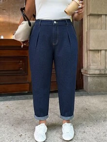 Dripcurv 大尺碼女款百褶口袋休閒錐形牛仔褲 - 深色水洗藍 - 查看 5