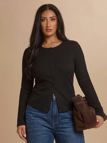 SHEIN BAE CURVE Plus Size Women Solid Color Crew Neck Long Sleeve Single-Breasted Casual T-Shirt - Black - View 5