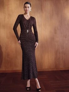 MOTF PREMIUM WOMEN'S LUXURY SEQUIN V-NECK FISHTAIL HEM DRESS - Rust Brown - View 4