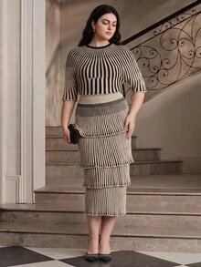 Anewsta Áo len dệt kim nữ size lớn cổ tròn đơn giản, phối kim tuyến mịn, sọc dọc, tay cánh dơi - Vàng - Xem 1