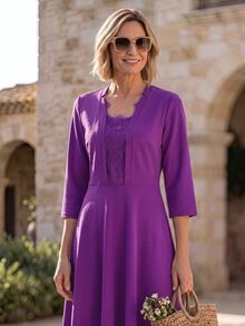 Hansera Women's Elegant Daily Commute Purple Dress With 2 In 1 Design + Lace Inner Layer, 3/4 Sleeve To Hide Arm Fat, Spring/Autumn Style - Purple - View 4