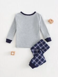 Cozy Pixies 男嬰兒童貼身舒適睡衣套裝，字母圖案針織柔軟圓領長袖套頭上衣與格紋長褲，貼身剪裁，適合室內、居家、派對、休閒、時尚，秋冬款 - 彩色 - 查看 2