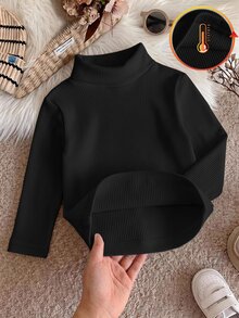 SHEIN 女嬰休閒百搭針織保暖內裡高領套頭上衣，秋季百搭上衣 - 黑色 - 查看 2