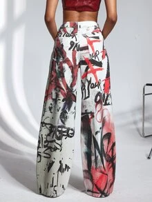 SHEIN Tall Women's Mid-Waist Brush Pattern Wide Leg Loose Casual Denim Jeans - Blue - View 2