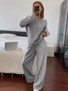 DAZY 2pcs/Set Women's Loose Long Sleeve Top & Straight Leg Long Pajama Pants Sleepwear Set, Autumn/Winter - Grey - View 4