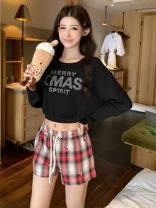 DAZY Women's Letter Print Long Sleeve Top And Shorts Casual Daily Loungewear Pajama Set - Black - View 7