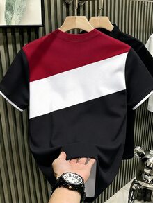 Manfinity Homme 男士經典休閒拼色黑白紅馬標誌T恤，適合日常穿著與聚會 - 彩色 - 查看 2