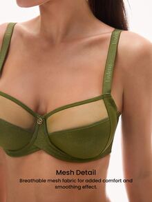 LUVLETTE Christmas Foll Print Unlined Full Coverage Side Support Green Mesh Sheer Basic Breezy Comfort Minimizer Women Lingerie Intimates Bra - Army Green - View 6