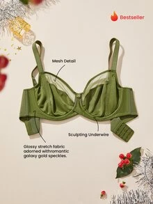 LUVLETTE Christmas Foll Print Unlined Full Coverage Side Support Green Mesh Sheer Basic Breezy Comfort Minimizer Women Lingerie Intimates Bra - Army Green - View 2