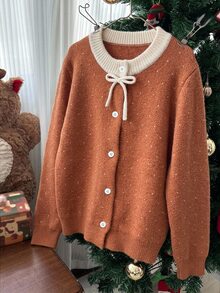 DAZY Girls (Big) Loose Polka Dot Contrast Color Bow Decor Cute Autumn/Winter Sweater Cardigan - Brown - View 1