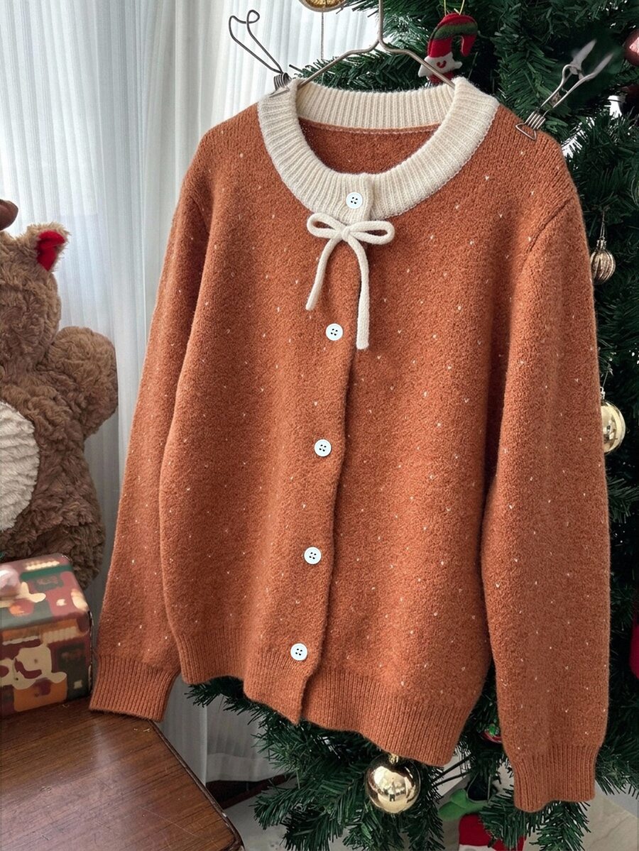DAZY Girls (Big) Loose Polka Dot Contrast Color Bow Decor Cute Autumn/Winter Sweater Cardigan - Brown - View 1