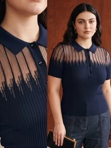 Anewsta Plus Size Women's Mesh Patchwork Casual Daily Knit Top - Navy Blue - View 3