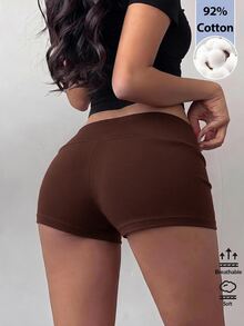 SHEIN BASICS 女款休閒基礎保守版寬鬆運動休閒風純色羅紋針織短褲，夏季健身房運動白色運動健身皮拉提斯 - 咖啡棕 - 查看 2