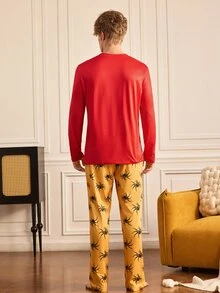 Notgurli Men's Fashionable Funny Spider Pattern Halloween Themed Print Long Sleeve Set, Comfortable Home Sleepwear - Multicolor - View 2