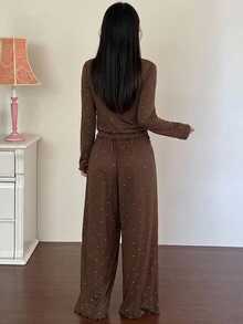 Dazy Kids Teen Girl Polka Dot Long Sleeve Top And Pants Casual Daily Home Sleepwear Set - Brown - View 2