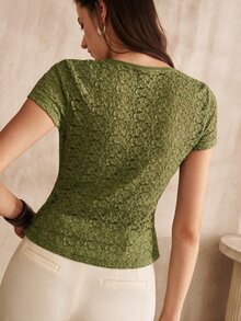 MOTF PREMIUM WOMEN'S WHITE LACE FITTED T-SHIRT, FASHIONABLE COMMUTER STYLE, AUTUMN/WINTER - Green - View 3