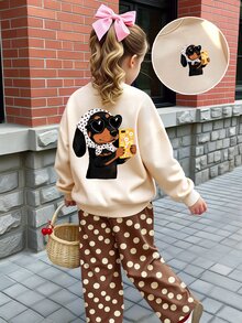 女童圓領運動衫與波點寬腿褲套裝 卡通小狗愛心印花 秋冬款 1套 - 彩色 - 查看 4