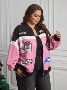 SHEIN CURVE+ Plus Size Streetwear Letter Print Colorblock Jacket - Multicolor - View 4