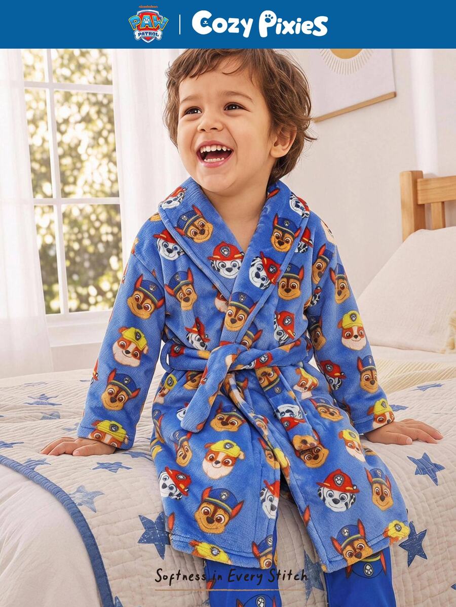 Cozy Pixies | PAW Patrol Kids Young Boy Casual Daily Comfortable Printed Plush Long Sleeve Open Front Robe Loungewear - Royal Blue - View 1