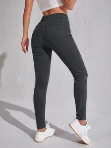 SHEIN SXY 女款素色高腰斜口袋緊身時尚牛仔褲 - 灰色 - 查看 2