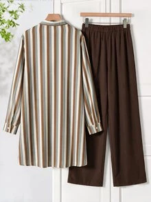 Rusticease Autumn Winter Set Women's White And Blue V-Neck Cutout Long Sleeve Top And Pants Casual Modest Daily Office Everyday Home 2 Pieces Set Light Brown - Multicolor - View 2