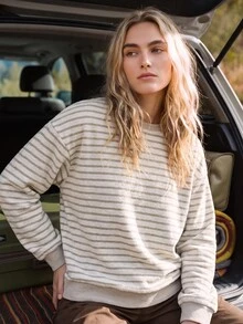 WanderVale Women's Outdoor Sports Casual Striped Print Fabric Patchwork Ribbed Khaki Crew Neck Pullover Long Sleeve T-Shirt, Suitable For Outdoor Sports Wear - Khaki - View 3