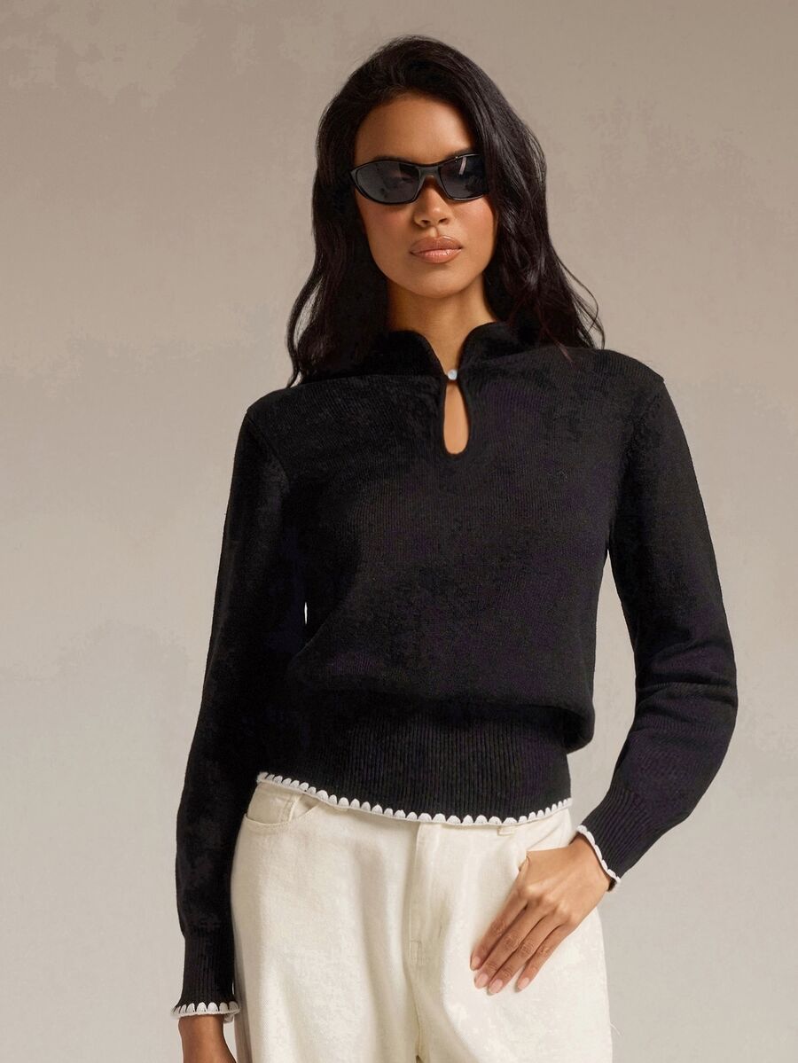 COSMINA Women's Casual Elegant Colorblock Knit Top - Black - View 1
