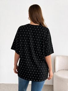 Shapeblank Plus Size Women's Spring/Summer Fashion Casual Loose Comfortable Versatile Polka Dot Short Sleeve T-Shirt - Black - View 2