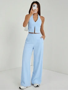 SHEIN PETITE 春夏女款V領無袖露背上衣搭配寬腿褲套裝，修身顯高，優雅輕米色，適合通勤、外出與度假 - 淺藍色 - 查看 6