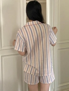 DAZY 2pcs Striped Loose Short Sleeve Cardigan Top & Short Pajama Pants Set Women's Sleepwear - Beige - View 2