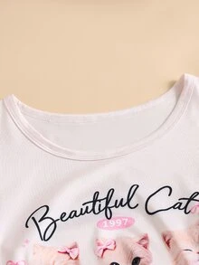 SHEIN 2件組青少年女孩居家服長袖套頭上衣與長褲套裝，粉色，蝴蝶結可愛芭蕾貓圖案，四季皆宜 - 粉色 - 查看 3