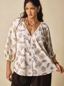 Nubod Plus Size Women's V-Neck Floral Print Casual Everyday Blouse - Apricot - View 5