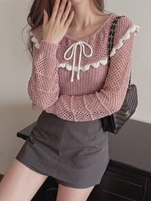 DAZY Women's Front Tie Contrast Color Hollow Out Long Sleeve Fashion Sweater - Pink - View 3