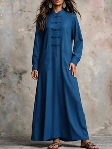 SHEIN New Women's Elegant Frog Button Zen Style Long Dress - Blue - View 6