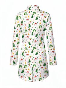 PopScrub White Background Colorful Christmas Tree & Rainbow Holly Print Fashionable Stand Collar Long Sleeve Long Jacket Scrub Top, Double Pocket Patchwork Zipper Nurse Scrub Uniform Jacket, Staff Scrub Uniform Coat, Suitable For Hospital And Various Clinic Workwear - Multicolor - View 2