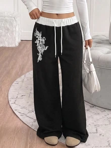 SHEIN Quần ống rộng thêu chữ trắng phối patchwork ở eo cho bé gái tuổi teen - màu đen - Xem 4