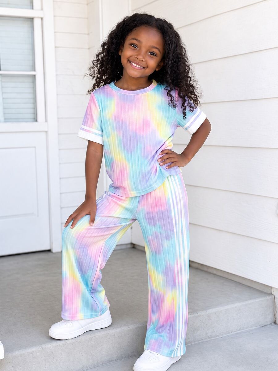 Young Girl Tie Dye Rib-Knit Short Sleeve T-Shirt & Wide Leg Pants 2-Piece SetPastel Colorful Casual Loose Outfits Clothes - Multicolor - View 1