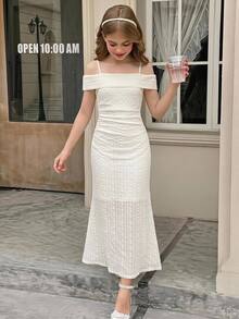 SHEIN Tween Girl Tween Girls Elegant Fashion Versatile Daily Lace Ruched Waist Ruffle Ruched Exquisite Criss-Cross Hem Slit Mermaid Skirt, Solid Color Sleeveless Ruffle Lace Fitted Snug Fit Long Dress Evening Gown, Suitable For Ceremonies, Parties, Christmas, Graduation Prom - Champagne - View 1
