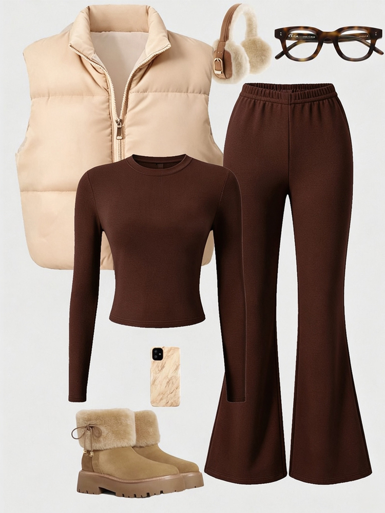 SHEIN 3Pcs/Set Tween Girls Casual Quilted Vest & Long Sleeve Slim Fit T-Shirt & V-Waist Pants Set, Fall, Fall Outfits - Multicolor - View 1