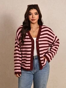 Elaquor Plus Size Women's Striped Drop Shoulder Long Sleeve Single-Breasted Casual Knit Cardigan - Pink - View 4