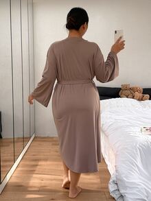 Napfluff CURVE Napfluff CURVE Plus Size Minimalist Lace Patchwork Camisole Nightgown + Loose Long Robe Loungewear Set - Brown - View 2